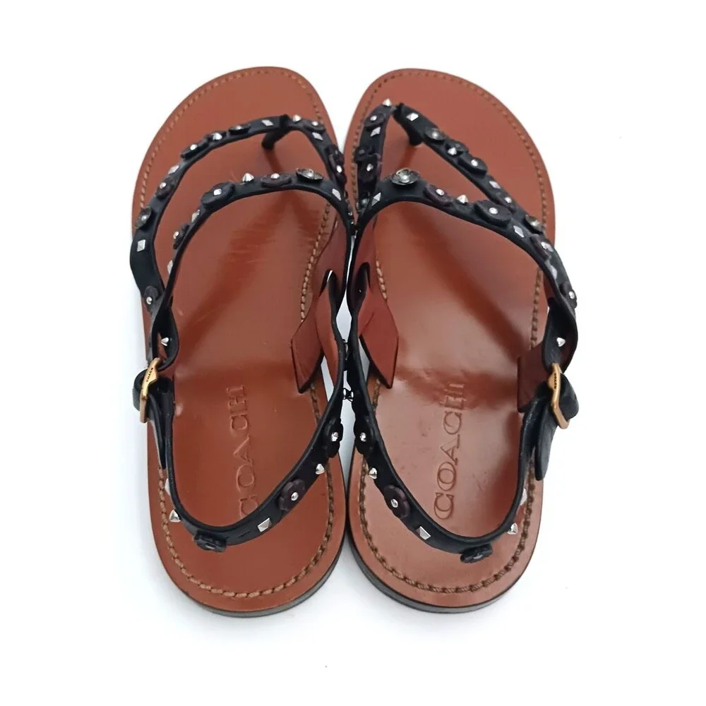 Coach Tea Rose Blk Leather Thong Sandals w Ankle Strap Floral Stud Trim US 10M